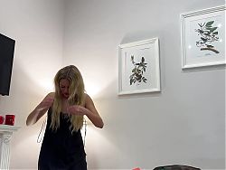 Big Ass Big Tits Blonde European Girl gives a Handjob to a Guy to Squeeze as much as Precum Possible from Him