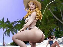 Karin from Street Fighter in a Tiny Bikini Gets White Goo Squirted At Her on the Beach
